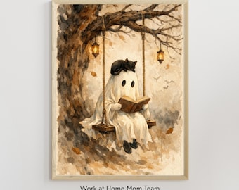Bookish Ghost and Black Cat Art Print, Dark Academia Halloween Decor (Digital Download)