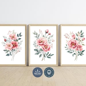 Blush Pastel Pink Watercolor Florals Wall Art, Set 3 Prints, Digital Printable, Instant Download, Bedroom Nursery Art Decor, Minimalist Boho