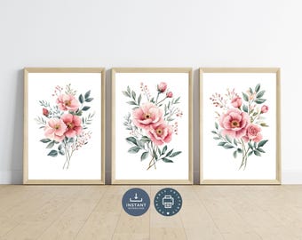 Blush Pink Floral Watercolor Prints: Boho Nursery Decor (Set of 3, Digital Download