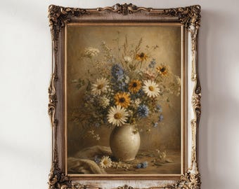Vintage Wildflower Wall Art, Rustic Floral Vase Print, Cottagecore Botanical Decor, Moody Farmhouse Flower Painting, Digital Download