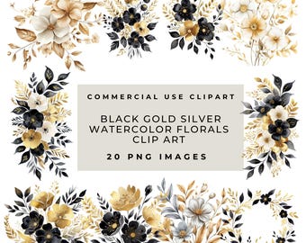 Clipart floral noir doré : lot PNG de fleurs aquarelles