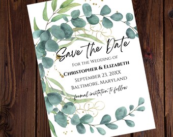 Eucalyptus Greenery Botanical Wedding Save The Date Template, Instant download,  Digital, Printable, 5x7, Edit in Canva, DIY Bride, Budget