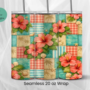 May include: A set of three stainless steel tumblers with a seamless wrap design. The design features a patchwork pattern with hibiscus flowers, seashells, and palm trees in shades of red, teal, and beige. The text "Seamless 20 oz Wrap" is at the bottom.