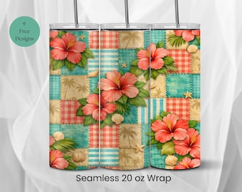 Hibiscus Tropical Flowers Patchwork Tumbler Wrap PNG (Digital Download)