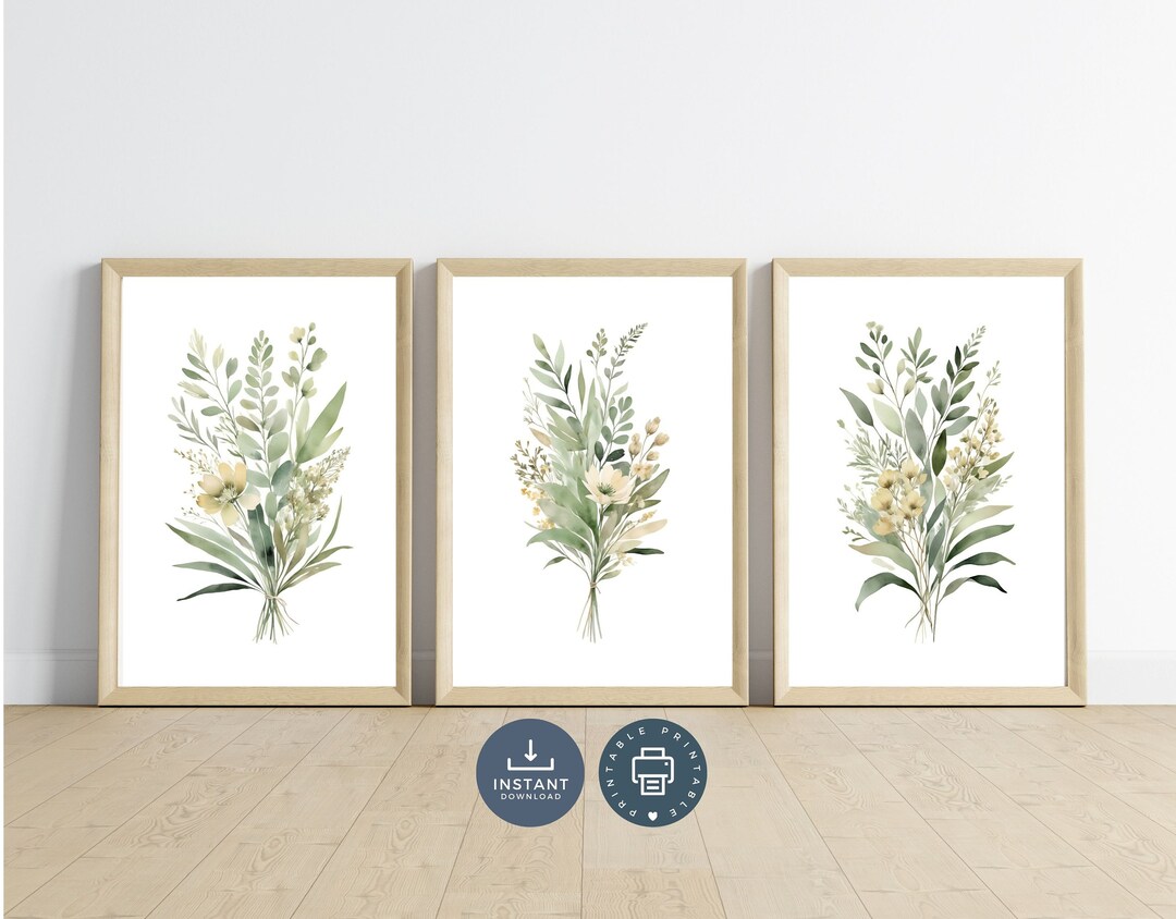 Sage Green Floral Wall Art Prints: Botanical Set of 3 (digital Download ...