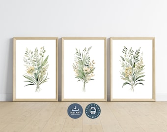 Impressions d'art murales florales vert sauge : lot de 3 botaniques (téléchargement numérique)
