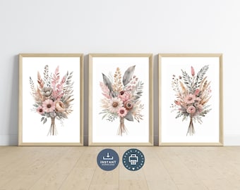 Boho Floral Wall Art Set: Pink, Beige, Grey Watercolor Prints (Digital Download)
