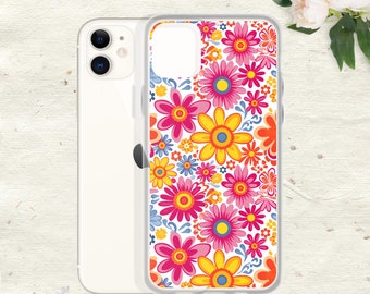 Retro Groovy Hippie Flowers iPhone Case, Bright Bold Yellow Hot Pink Blue, iPhone 15 14 13 case, iPhone 11 12 XR XS X, Pro Max Plus, Gift