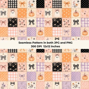 Coquette Halloween Patchwork Seamless Pattern, Pink Ghosts & Bows, JPG 12x12 Scrapbook Paper, Sublimation PNG