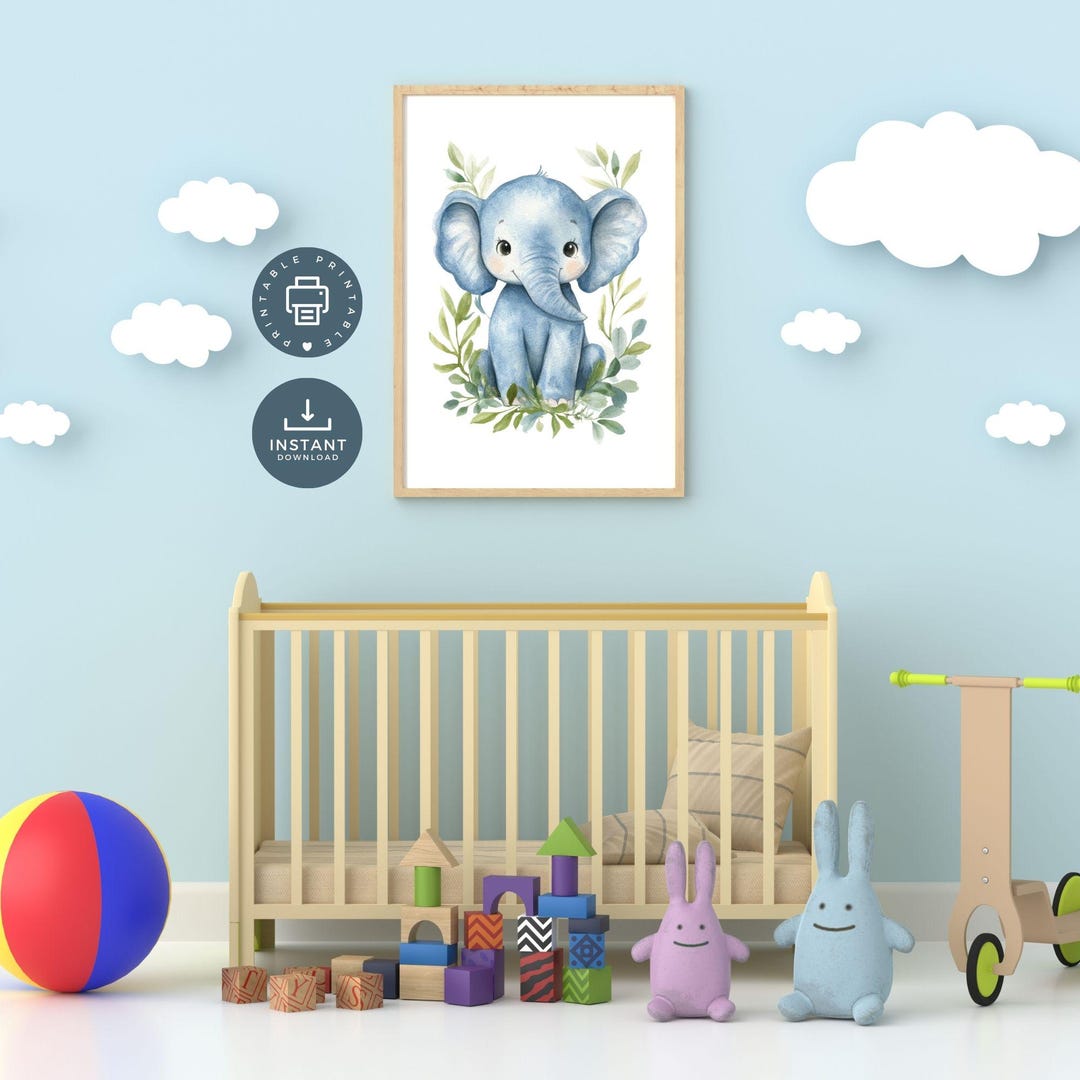 Baby Blue Elephant Nursery Wall Art, Little Boys Bedroom, Printable ...