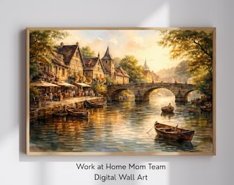 Vintage European Riverside Town Landscape Countryside Wall Art Print, Printable Digital Download