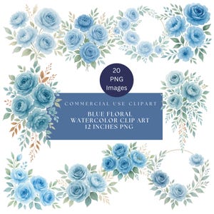 Blue Watercolor Floral Clip art pack bundle, Transparent PNG, Commercial Use, Dusty Blue Flowers, Wedding, Sublimation, Wreath, Bouquet