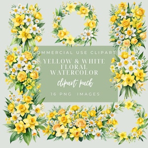 Gele witte bloemen bloem clip art bundel, narcissen, madeliefjes, rozen, huwelijksuitnodigingen, kaarten, ambachten, 16 transparante png, commercieel gebruik