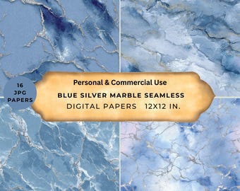 Blue Silver Marble Scrapbook Junk Journal Seamless Paper Pack, Printable Digital Download, JPG
