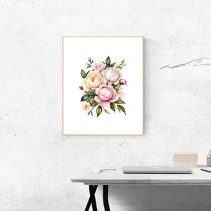 Pink White Peonies Roses Floral Watercolor Digital Printable Wall Art, Instant Download, Flowers, Floral Bouquet Print Wall Decor Bedroom image 6