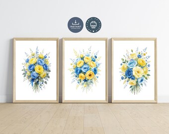Blue Yellow Floral Watercolor Wall Art Prints, Set of 3 Gallery, Printable Digital Download