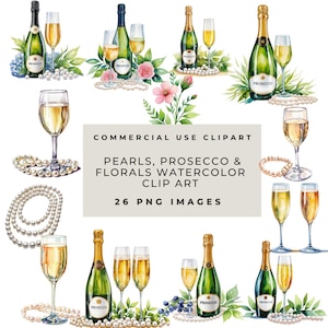 Perlen Prosecco Clip Art, Aquarell transparente PNG, kommerzielle Nutzung, rosa Blumen Champagner Gläser, Flasche Prosecco, Brautdusche Hochzeit