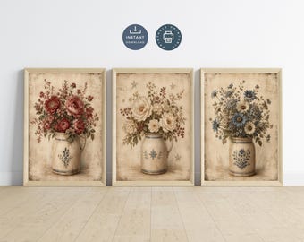 Vintage Americana Floral Wall Art Set of 3, Primitive Patriotic Flower Prints, Red White Blue Farmhouse Botanical Printable Decor