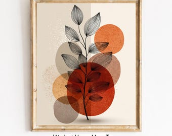 Botanical Boho Wall Art Print, Line Drawn Leaves, Digital Download Printable Wall Painting Decor