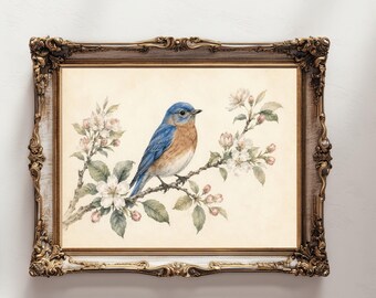 Vintage Bluebird Wall Art, Botanical Blossom Print, Watercolor Nature Decor (Digital Download)