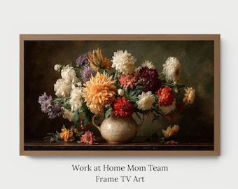 Dark Moody Vintage Florals Flowers in Vase, Still Life, Samsung Frame TV Art, Digital Download, 16:9 ratio