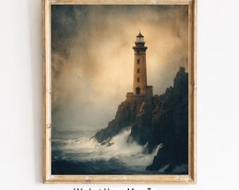Vintage Lighthouse Seascape Art Print, Coastal Watercolor (Digital Download)