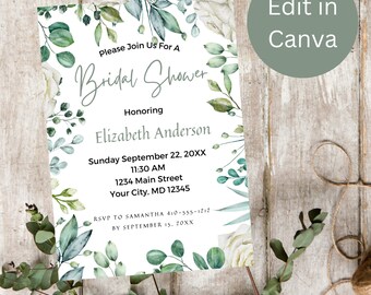 Eucalyptus Greenery White Roses Elegant Bridal Shower Invitation, Instant Download, Canva Template, Digital File, Printable, DIY, PDF JPG