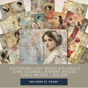 Victoriaanse Lady Birds Crows Florals Vintage antieke ongewenste dagboekpapieren pagina's, scrapbooking papier ambachten, collage, digitale download, kortstondige