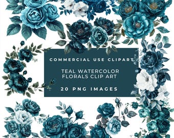 Blauwgroen aquarel bloemen clipart: humeurige rozen en pioenrozen (PNG, commercieel gebruik)