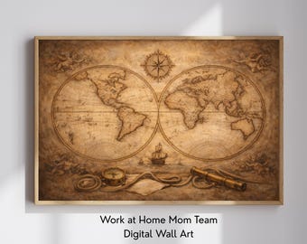 Vintage Antique Old World Map Wall Art Print, Sepia Watercolor Painting, Printable Digital Download
