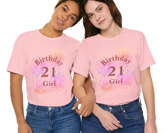 21st Birthday Party T-shirt For the Birthday Girl Short Sleeve Tee, Twenty One, Pink Gray White, Gift for 21st Birthday, Fireworks
