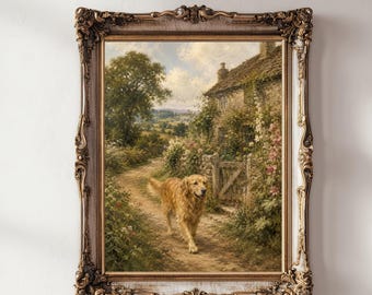 Golden Retriever Wall Art, Farmhouse Countryside Print, Printable Dog Painting, Dog Lover Gift, Vintage Style, Digital Download