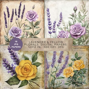 Digital Papers Pack, Lavender Yellow Florals, Junk Journal Pages, Scrapbook Decoupage Decorative Collage Papers, clipart, Instant Download