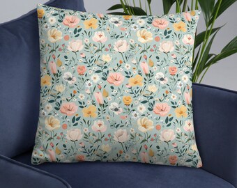 Blue Pink White Peach Floral Botanical Cottage Core Flowers Throw Accent Pillow, Sofa Pillow Bedroom Pillow