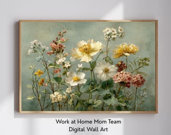 Vintage Botanicals Wildflowers Watercolor Wall Art Print, Printable Digital Download