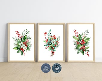 Christmas Holly Watercolor Art Prints: Winter Holiday Decor (Digital Download)