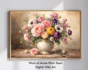 Vintage Bright Florals Flowers in Vase Still Life Wall Art Print, Peonies Roses, Printable Digital Download