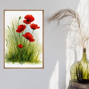 Red Poppy Watercolor Painting: Wildflower Field Art (Digital Download)