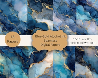 Blue Gold Alcohol Ink Digital Paper Pack, Seamless Luxury Marble Backgrounds Textures, Printable Scrapbook Papers, Instant Download