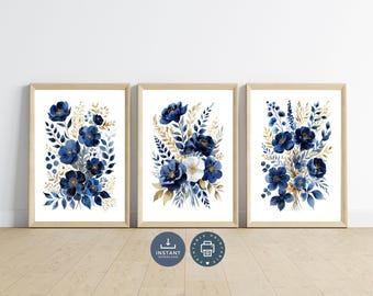Navy Blue Floral Watercolor Art Prints: Elegant Botanical Set of 3 (Digital Download)