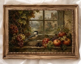 Vintage Bird Wall Art, Fruit Still Life Print,  Antique Printable Wall Decor, Digital Download