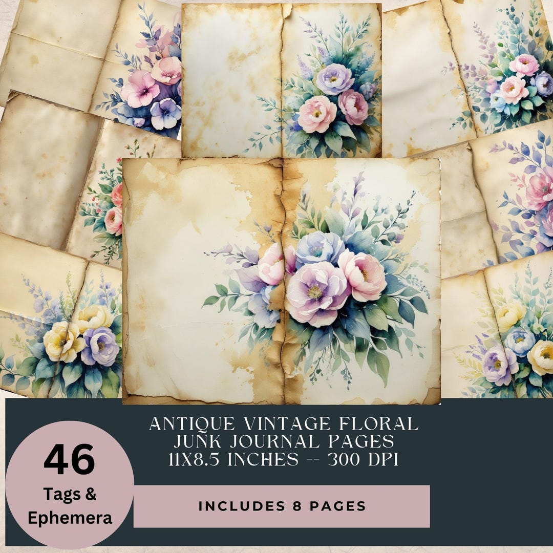 Vintage Antique Floral Junk Journal Kit, Digital Printable Paper ...