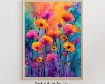 Néon lumineux aquarelle fleurs sauvages, impression d'art mural, téléchargement numérique imprimable, fleurs abstraites