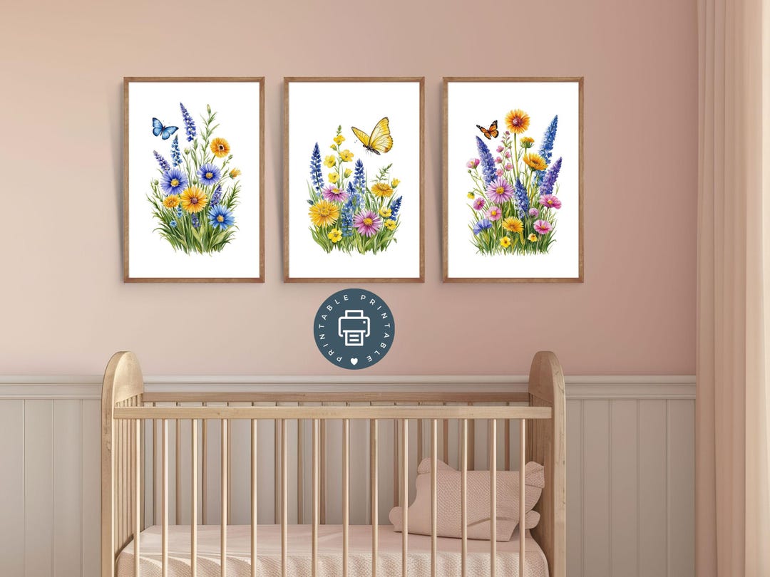 Wildflowers Butterflies Nursery Wall Art, Set of 3 Prints, Digital ...