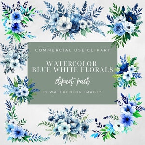 Bleu blanc aquarelle fleurs fleurs verdure Clip art Pack Bundle, PNG transparent, usage commercial, faire-part de mariage, cartes, travaux manuels