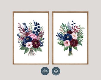 Arte de pared con flores silvestres en azul marino, burdeos y rosa, juego de 2 impresiones, imprimible digital, estilo victoriano antiguo, arte para sala de estar y dormitorio