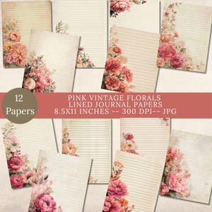 Gevoerde dagboekpapieren, digitaal afdrukbaar, roze aquarel bloemen, vintage, junk journal, briefpapier, schrijfpapier, notitieboekje, notitiepapier
