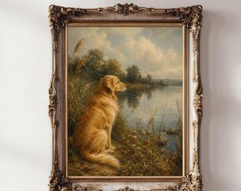 Golden Retriever Wall Art, Lake Landscape Print, Printable Dog Painting, Dog Lover Gift, Vintage Style, Digital Download