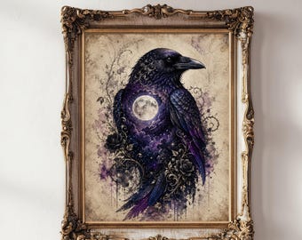 Mystical Raven Wall Art, Celestial Gothic Decor, Full Moon Crow Print, Dark Academia Witchy Printable Art, Digital Download