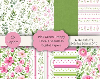 Preppy Pink and Green Digital Paper Pack, Seamless Floral Botanical Patterns, Stripes Polka Dots, 12x12 Scrapbook Paper JPG